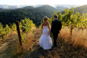 Photo by Fernwood Cellars A couple married at the winery stroll through a vineyard. 